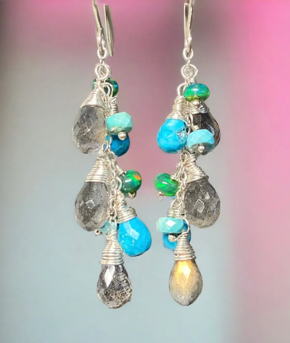 Turquoise, Labradorite and Sterling Silver Dangle Earrings