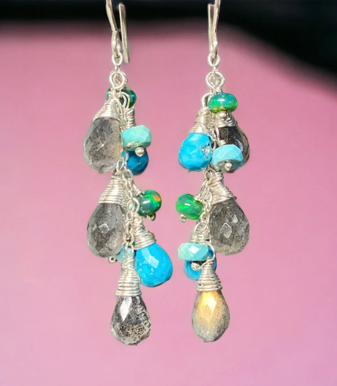Turquoise, Labradorite and Sterling Silver Dangle Earrings