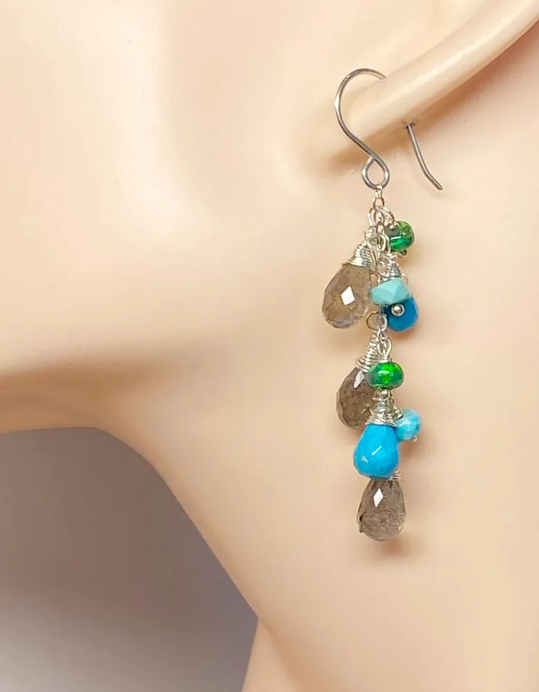 Turquoise, Labradorite and Sterling Silver Dangle Earrings