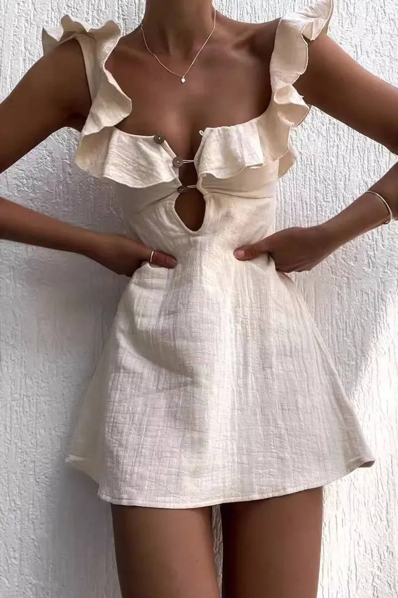 U-Neck Lotus Leaf Lace Short Mini Dress