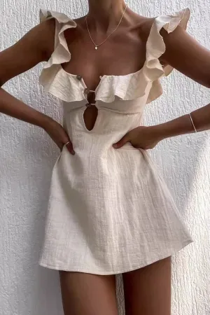 U-Neck Lotus Leaf Lace Short Mini Dress