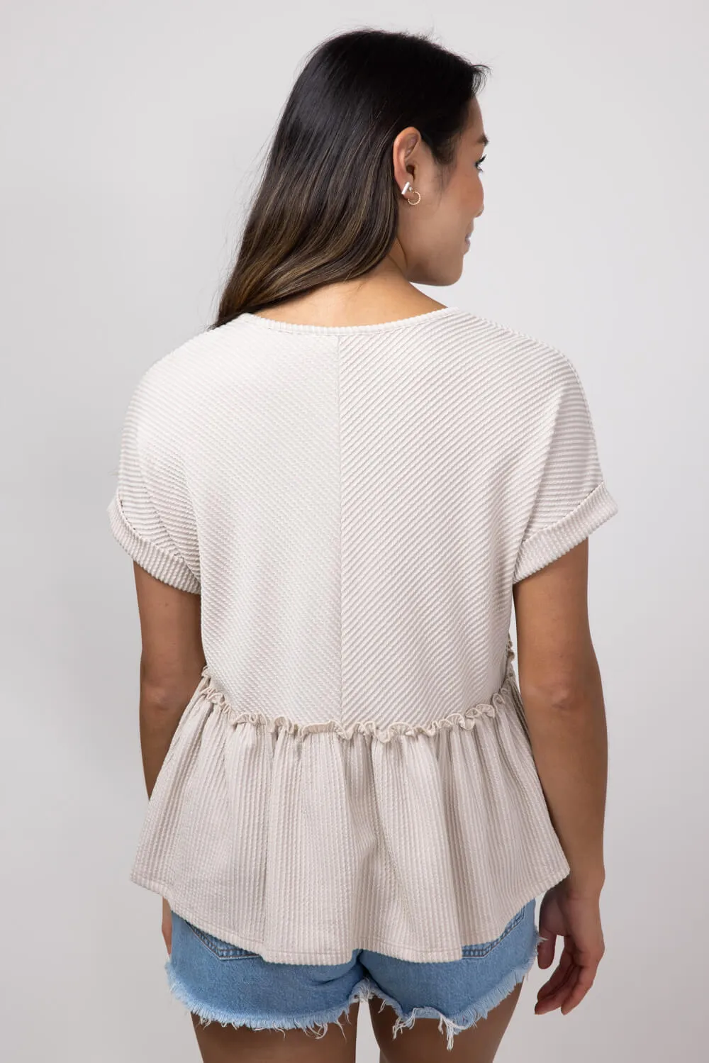 Urban Ribbed Knit V-Neck Peplum Top for Women in Oat | 13512-OAT