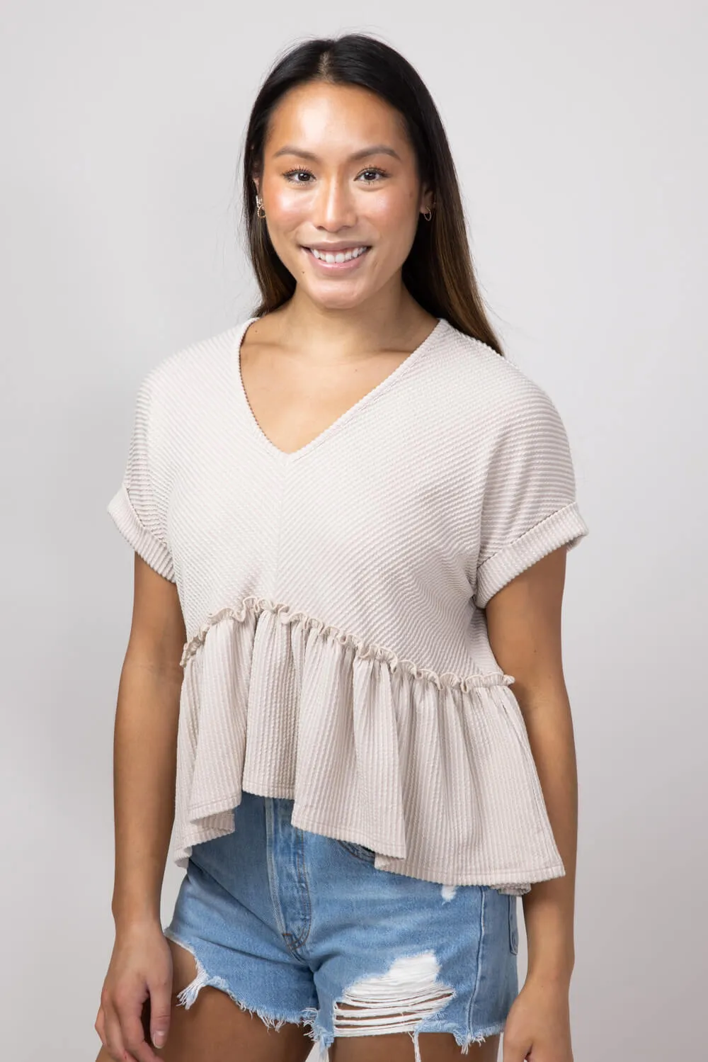 Urban Ribbed Knit V-Neck Peplum Top for Women in Oat | 13512-OAT