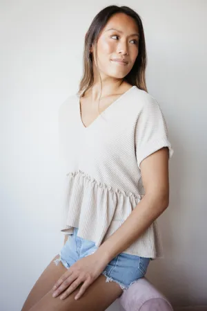 Urban Ribbed Knit V-Neck Peplum Top for Women in Oat | 13512-OAT