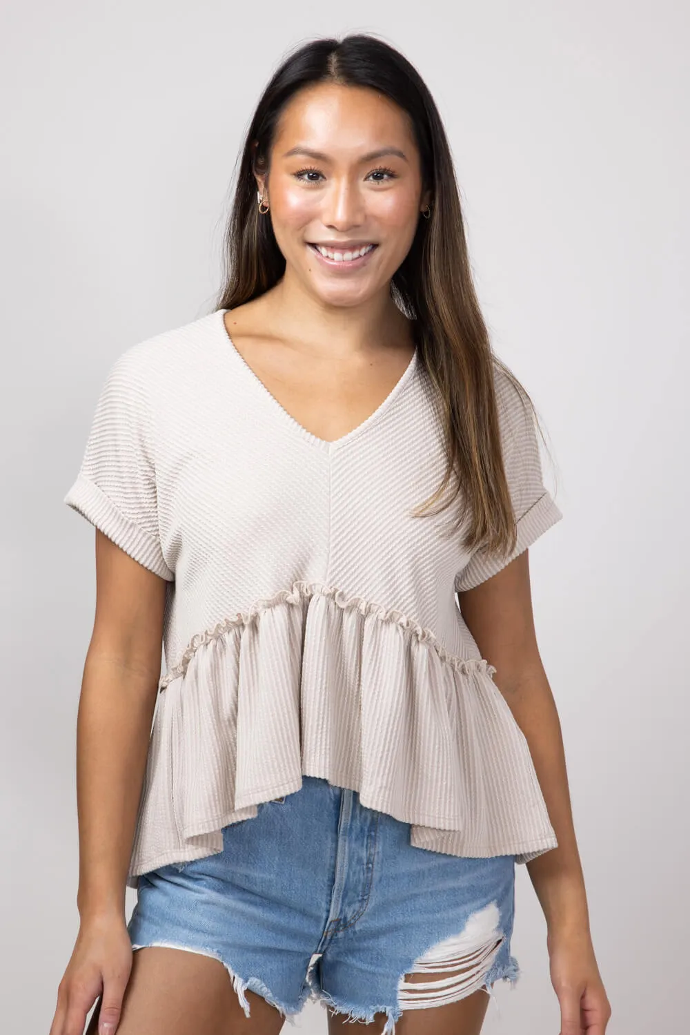 Urban Ribbed Knit V-Neck Peplum Top for Women in Oat | 13512-OAT