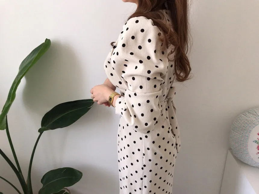 V-neck Corduroy Bodycon Polka Dot Lace-up Midi Dresses