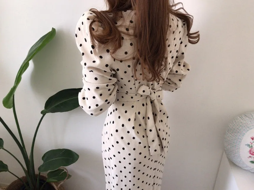 V-neck Corduroy Bodycon Polka Dot Lace-up Midi Dresses