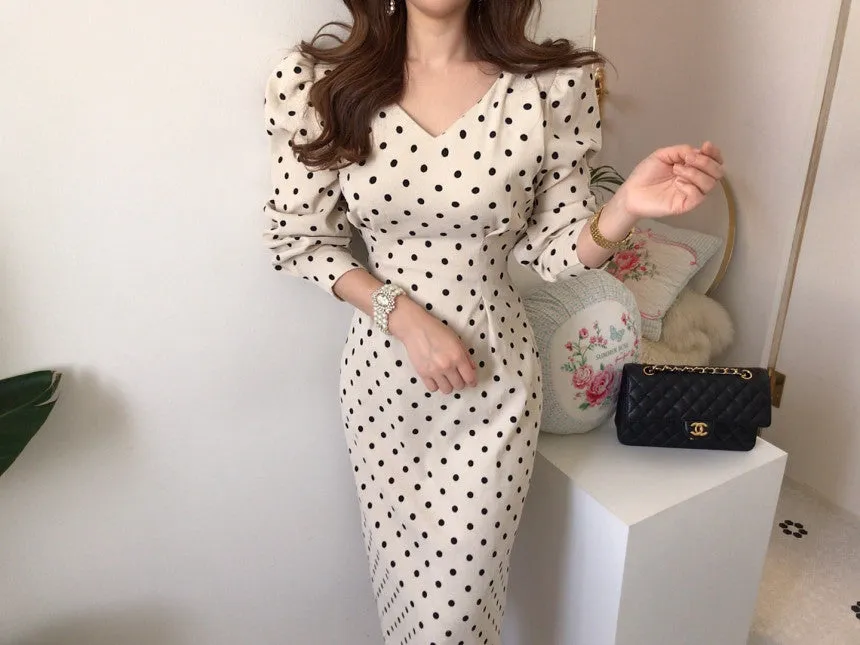 V-neck Corduroy Bodycon Polka Dot Lace-up Midi Dresses