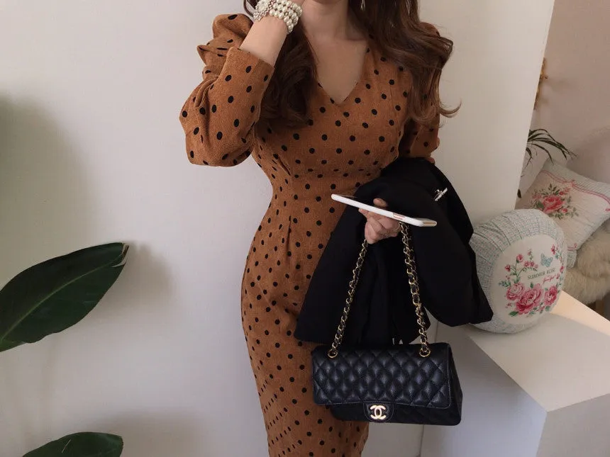 V-neck Corduroy Bodycon Polka Dot Lace-up Midi Dresses