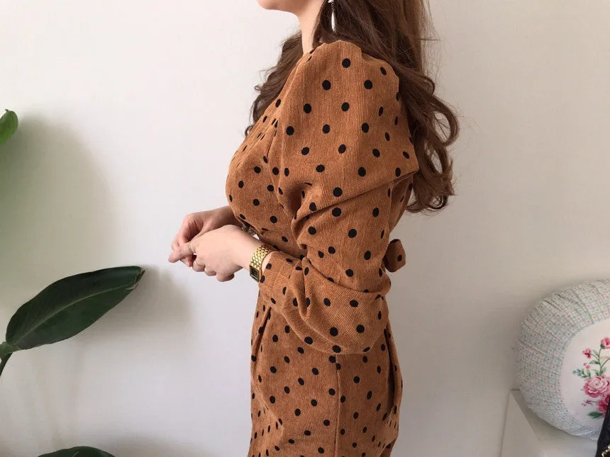 V-neck Corduroy Bodycon Polka Dot Lace-up Midi Dresses