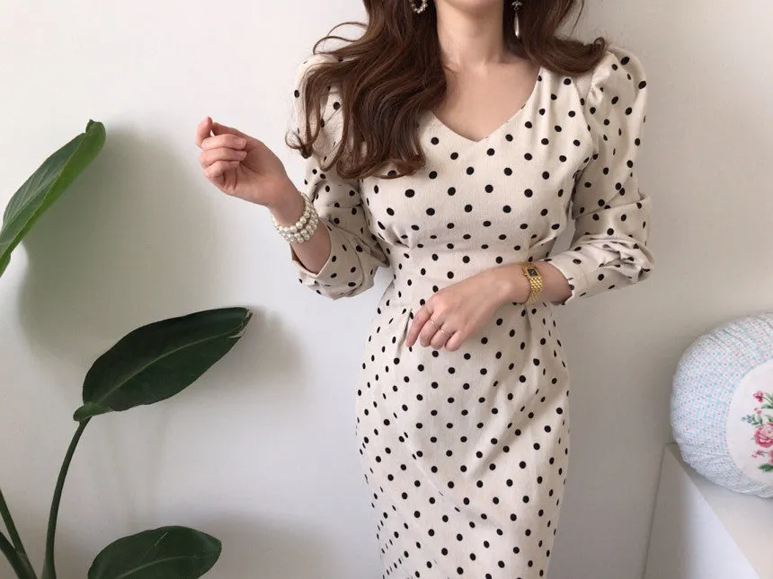 V-neck Corduroy Bodycon Polka Dot Lace-up Midi Dresses
