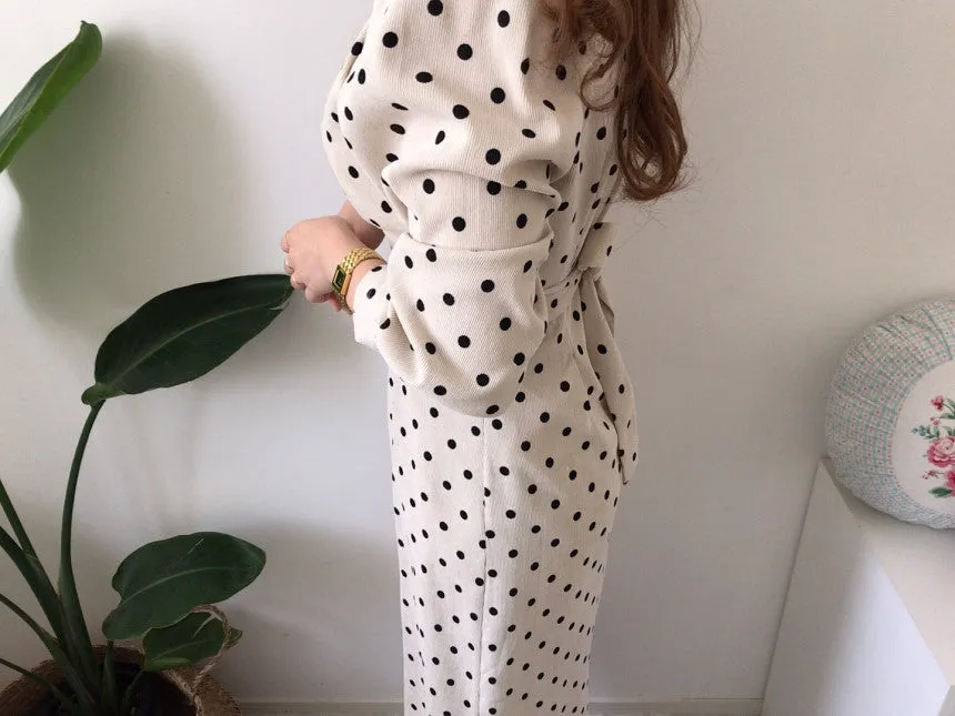 V-neck Corduroy Bodycon Polka Dot Lace-up Midi Dresses
