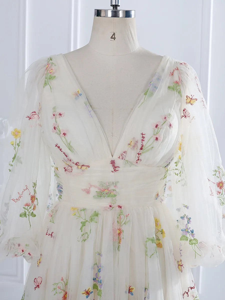 V-Neck Embroidery Tulle Puffy Sleeves Tea Party Dresses YEWEN YW231050