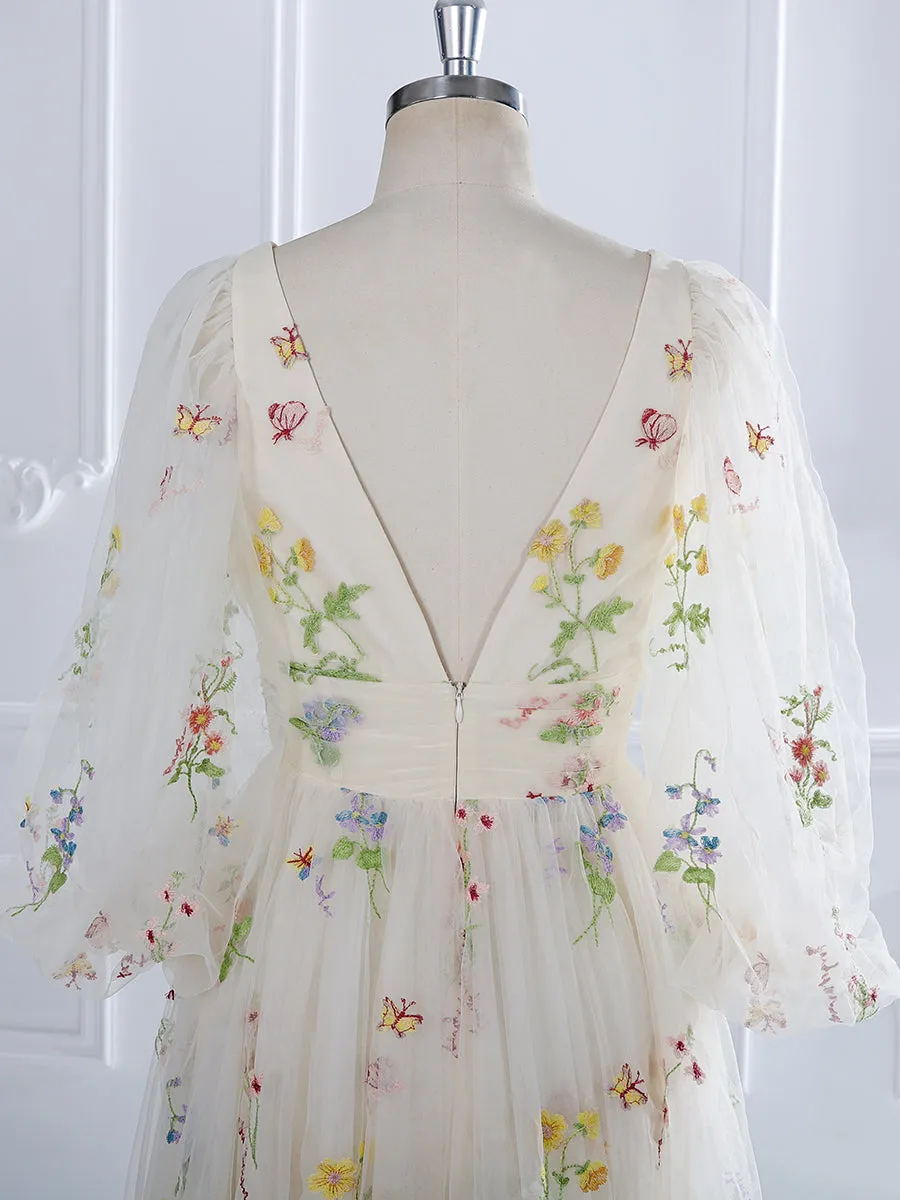 V-Neck Embroidery Tulle Puffy Sleeves Tea Party Dresses YEWEN YW231050