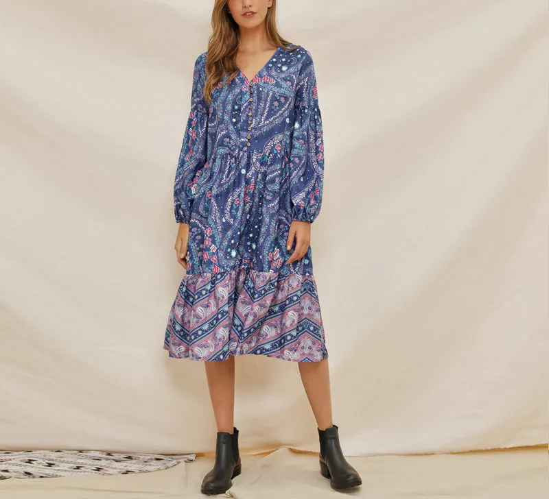 V-neck Lantern Sleeve Print Bohemian Dress