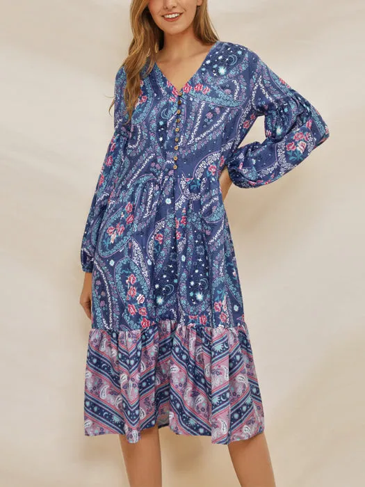 V-neck Lantern Sleeve Print Bohemian Dress