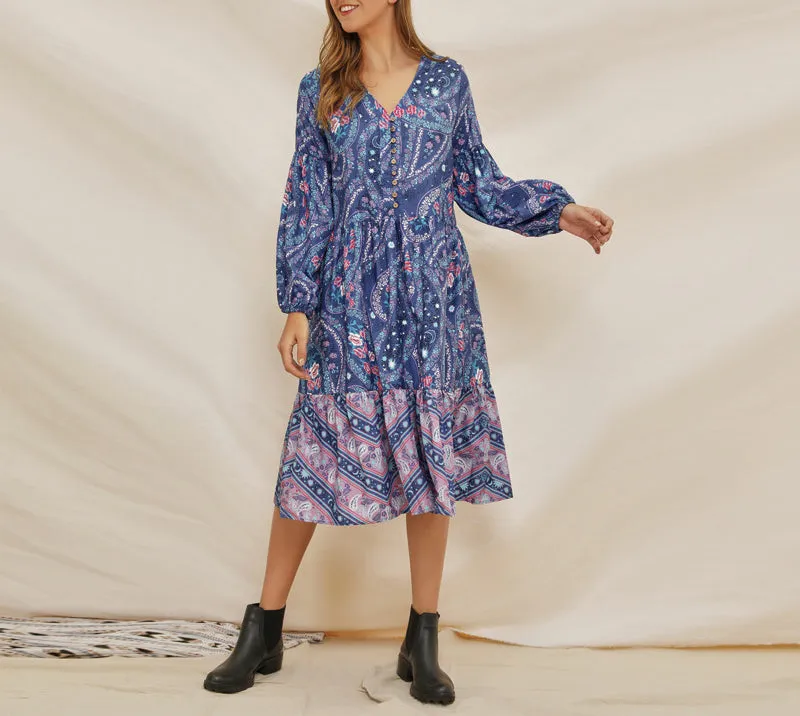 V-neck Lantern Sleeve Print Bohemian Dress
