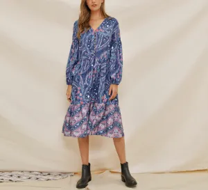 V-neck Lantern Sleeve Print Bohemian Dress