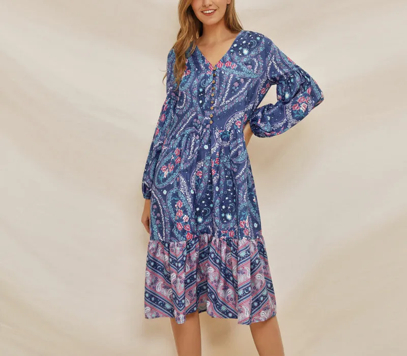 V-neck Lantern Sleeve Print Bohemian Dress