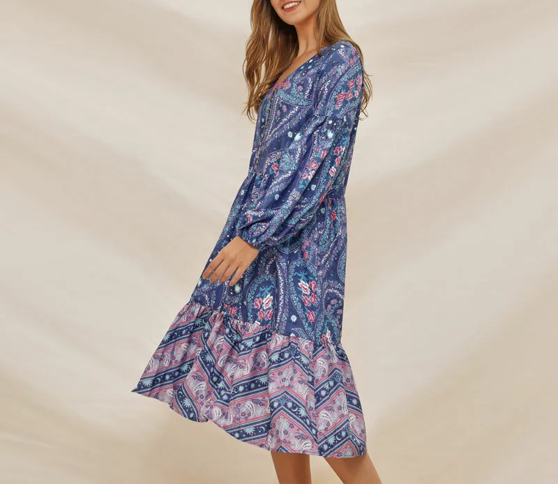 V-neck Lantern Sleeve Print Bohemian Dress