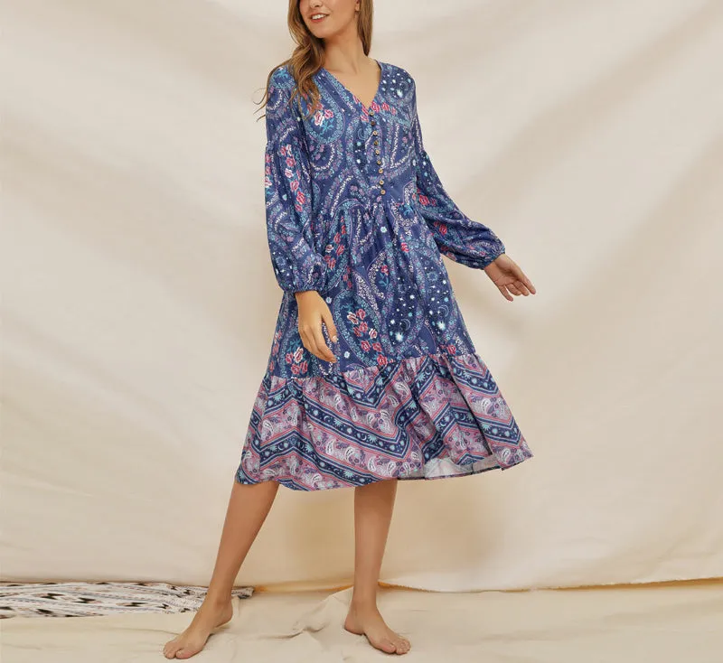 V-neck Lantern Sleeve Print Bohemian Dress