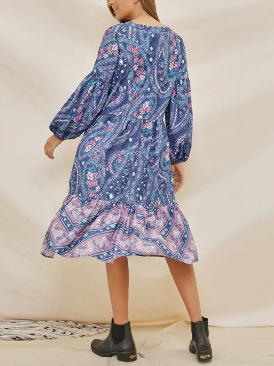 V-neck Lantern Sleeve Print Bohemian Dress