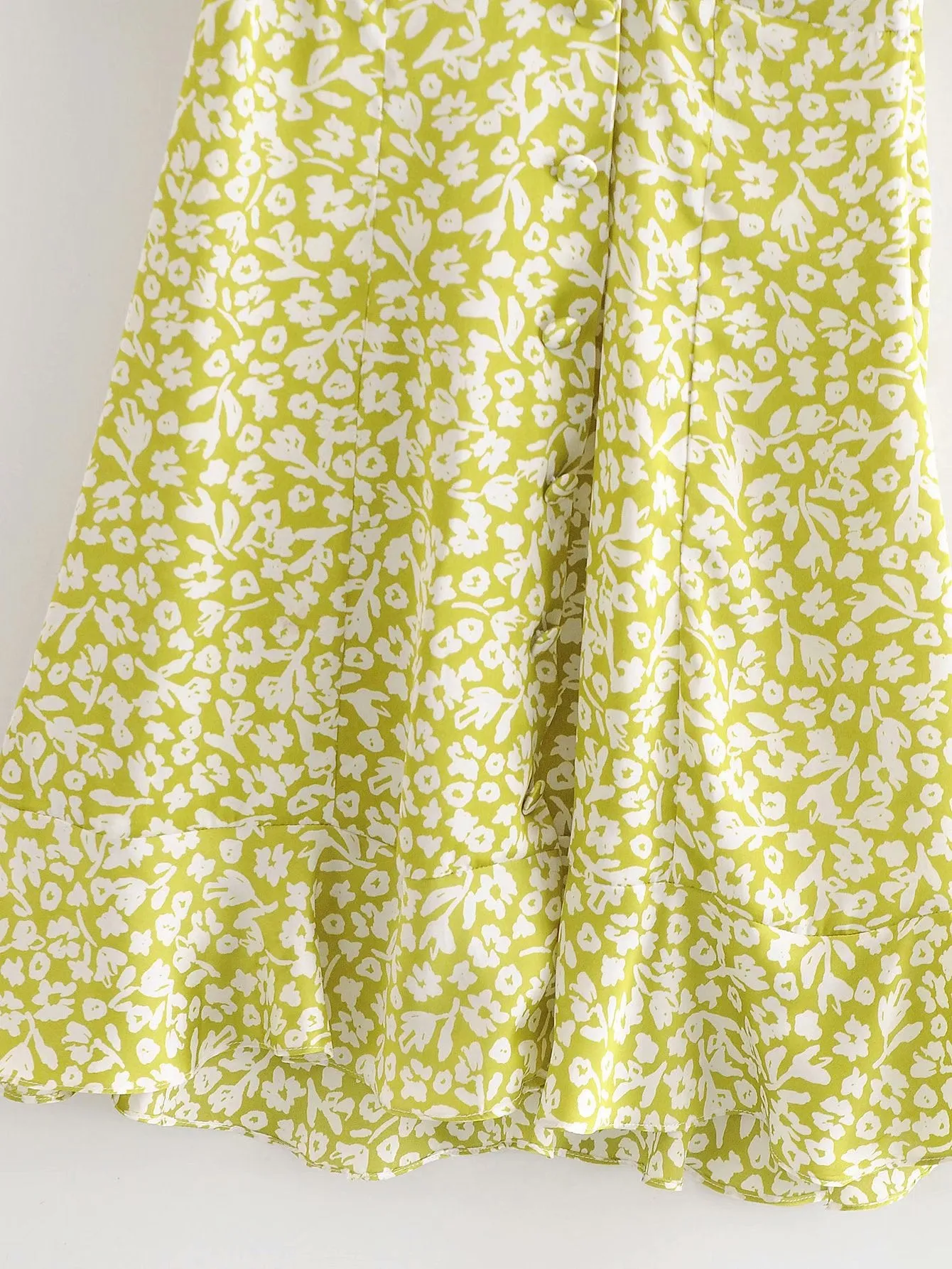V-neck Puff Sleeve Single-breasted Floral Mini Dresses