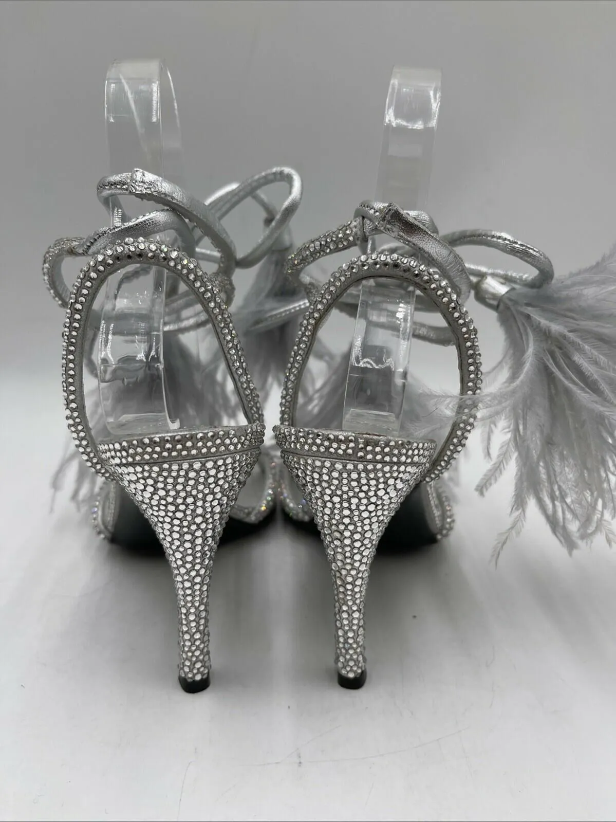Valentino Upflair Feather-Trimmed Silver Studded Ankle Wrap Heeled Sandals 35 - Very Good