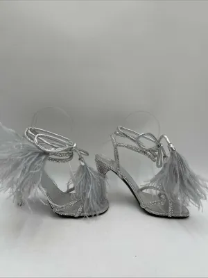 Valentino Upflair Feather-Trimmed Silver Studded Ankle Wrap Heeled Sandals 35 - Very Good