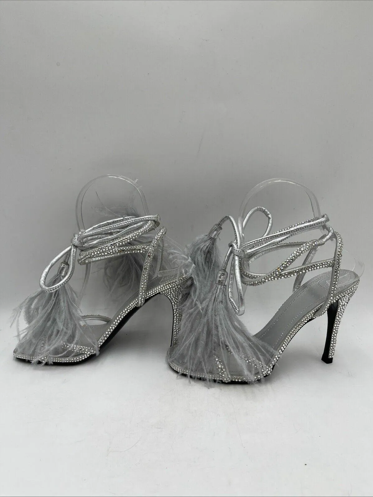 Valentino Upflair Feather-Trimmed Silver Studded Ankle Wrap Heeled Sandals 35 - Very Good