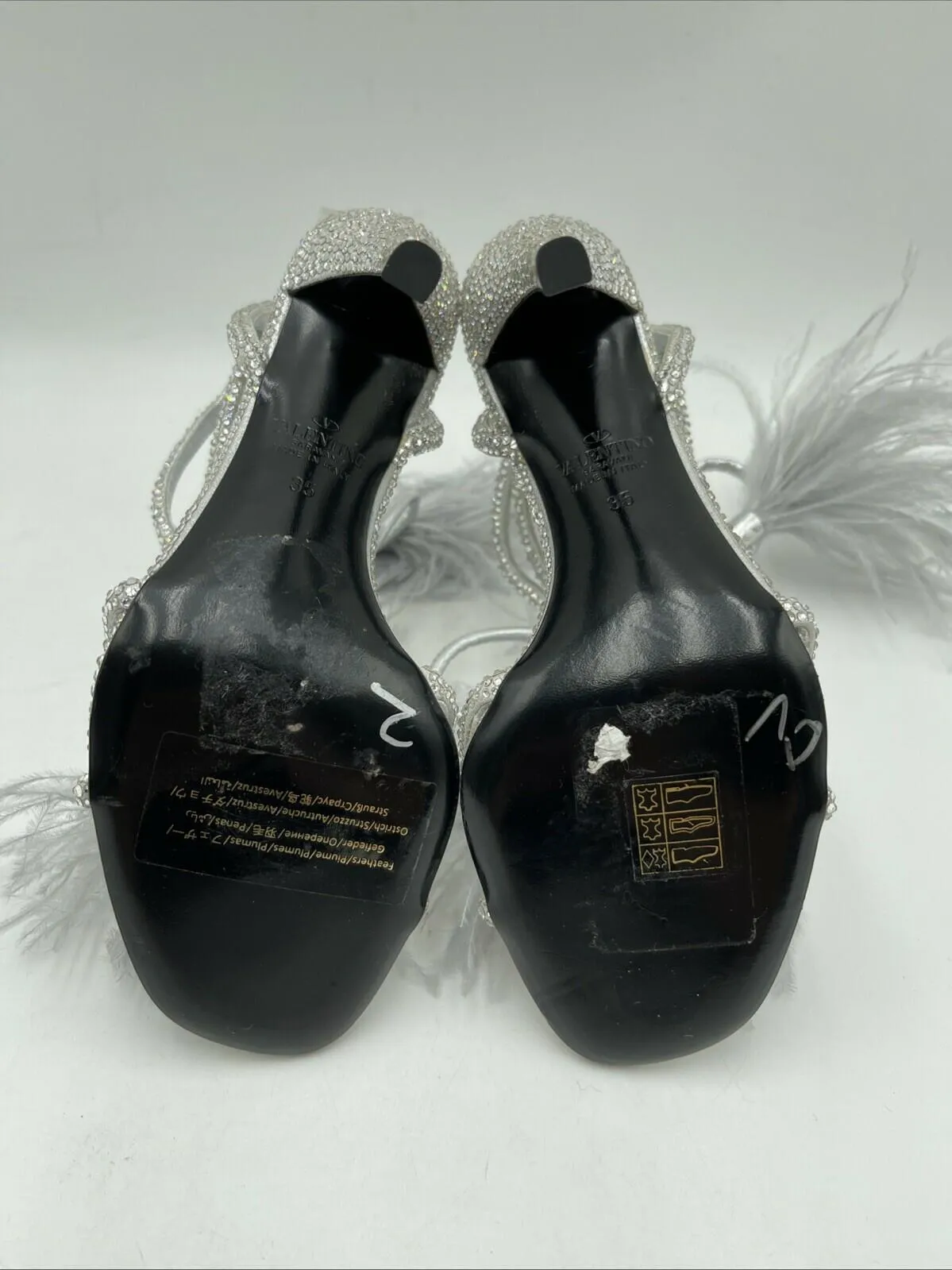 Valentino Upflair Feather-Trimmed Silver Studded Ankle Wrap Heeled Sandals 35 - Very Good