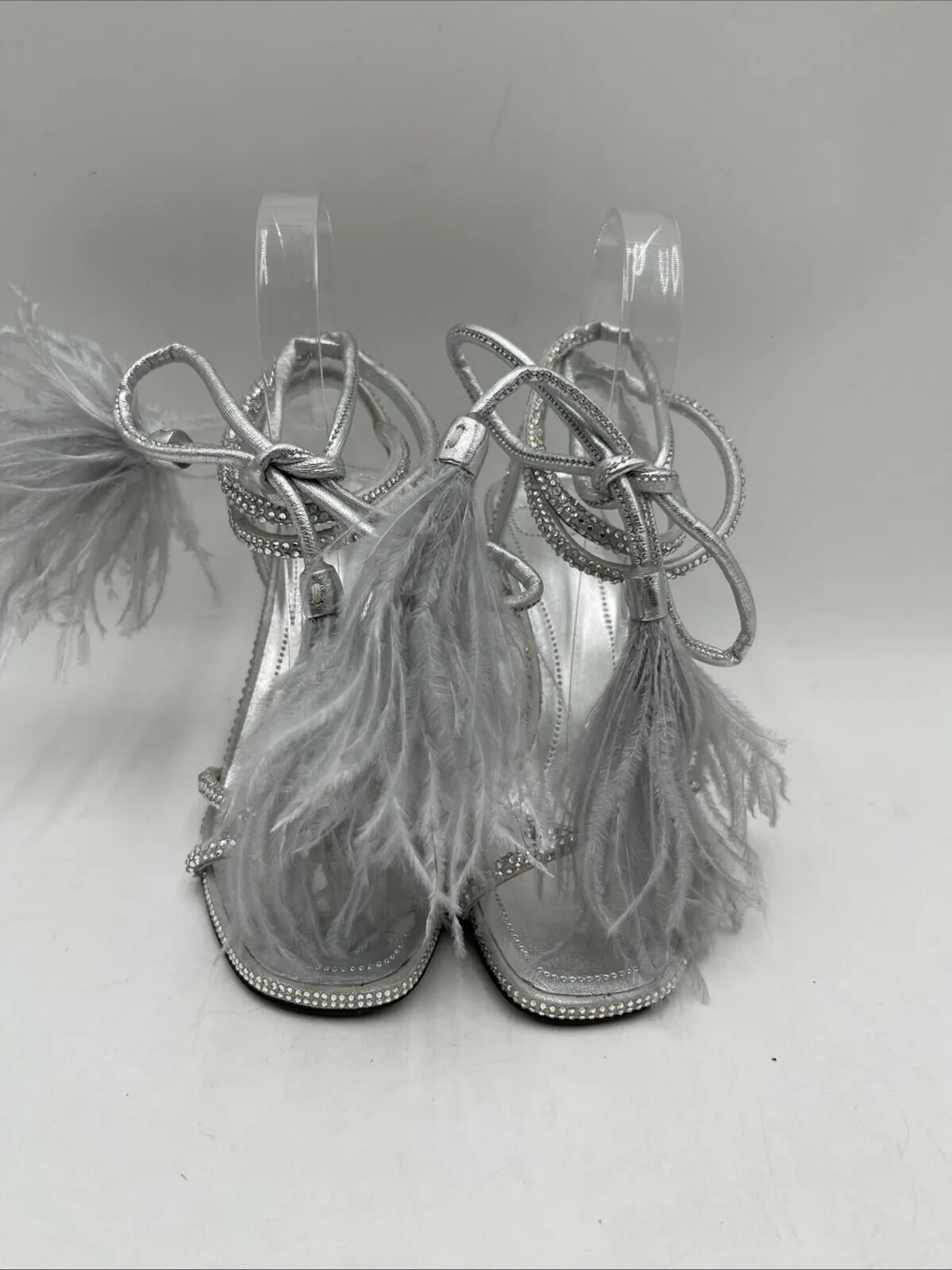 Valentino Upflair Feather-Trimmed Silver Studded Ankle Wrap Heeled Sandals 35 - Very Good
