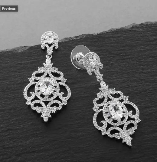 Victorian Scrolls 14K Silver Plated CZ Chandelier Earrings