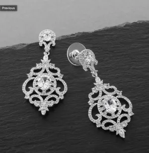 Victorian Scrolls 14K Silver Plated CZ Chandelier Earrings