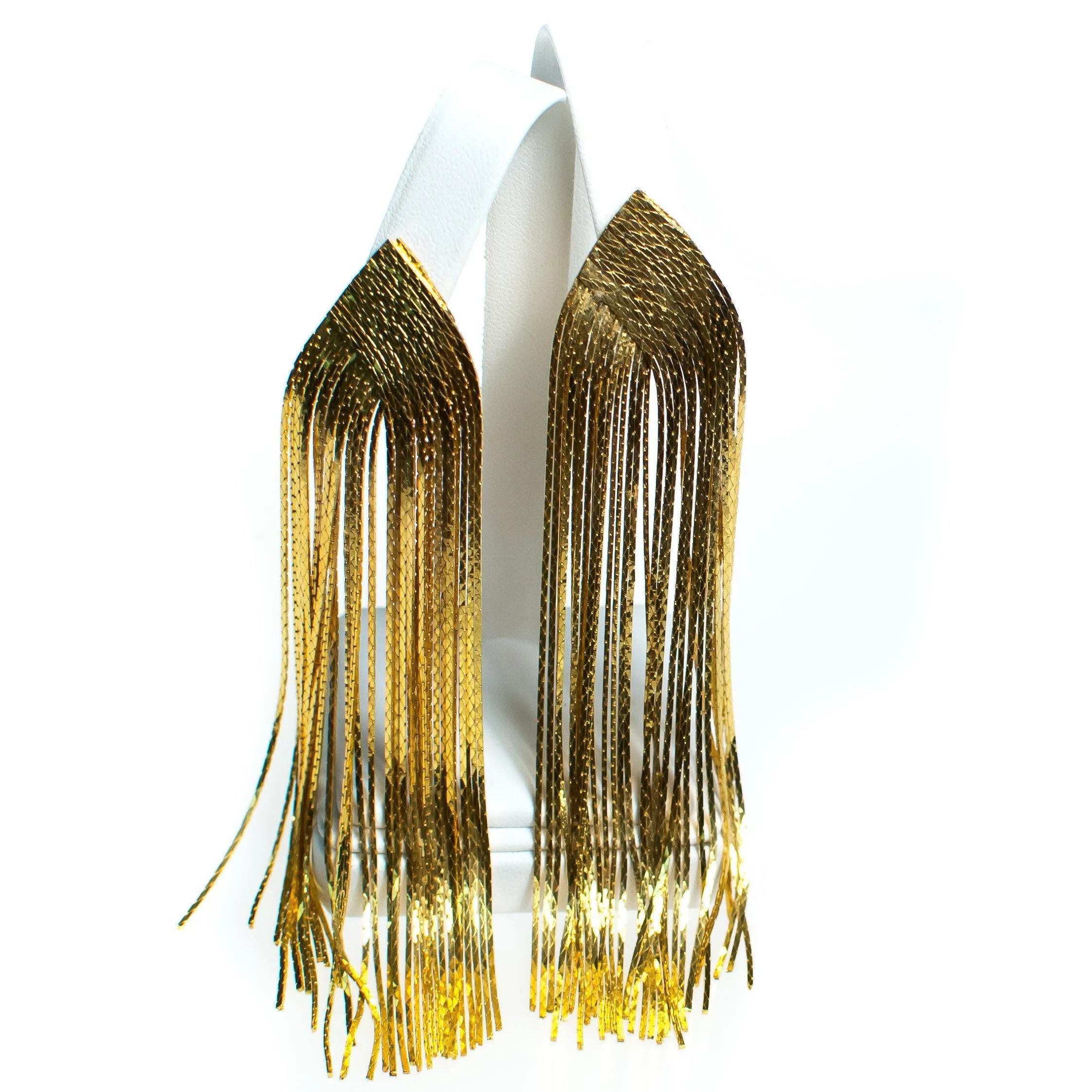 Vintage 1970s Gold Tone Waterfall Tassel Chandelier Dangle Statement Earrings, Posts