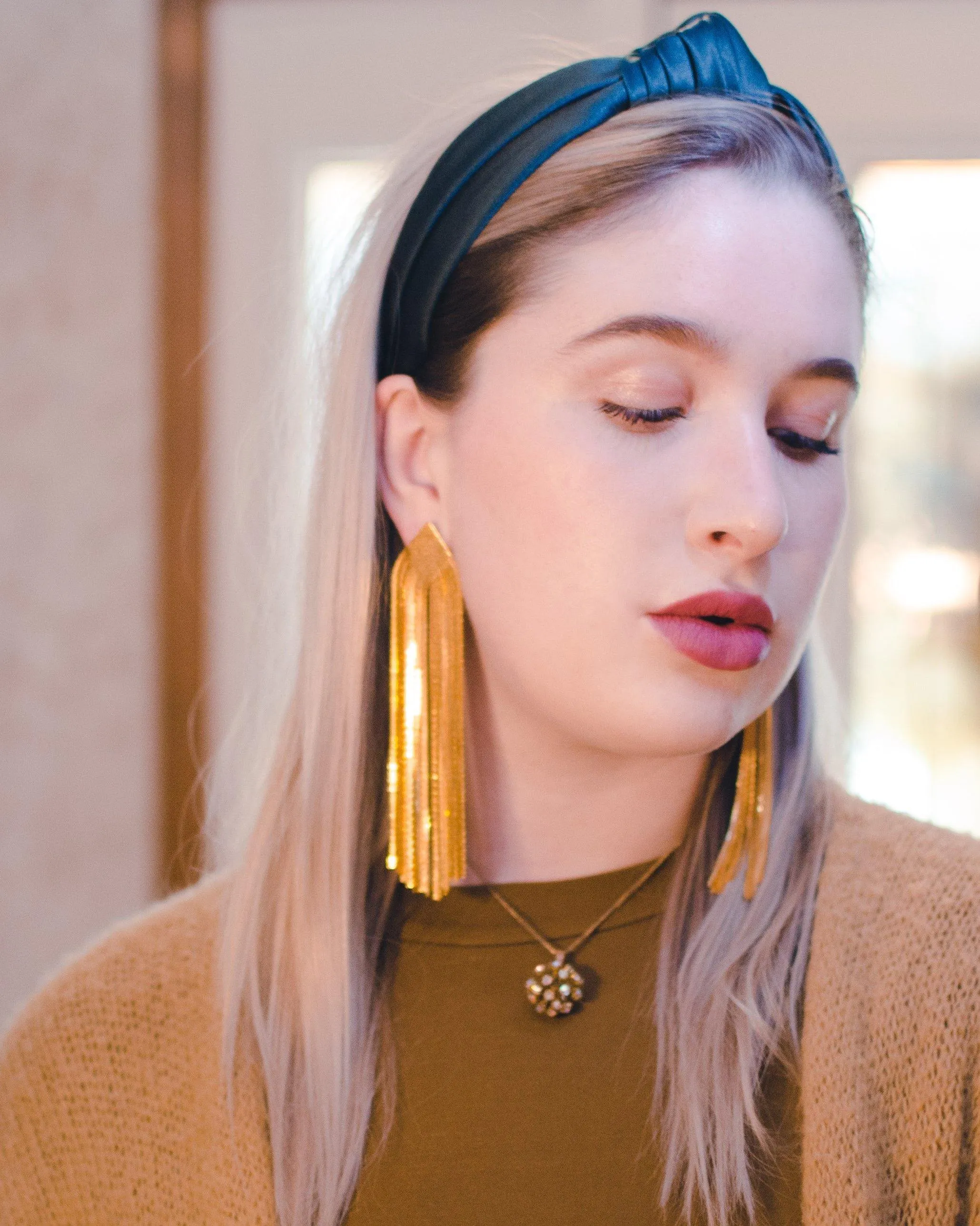 Vintage 1970s Gold Tone Waterfall Tassel Chandelier Dangle Statement Earrings, Posts