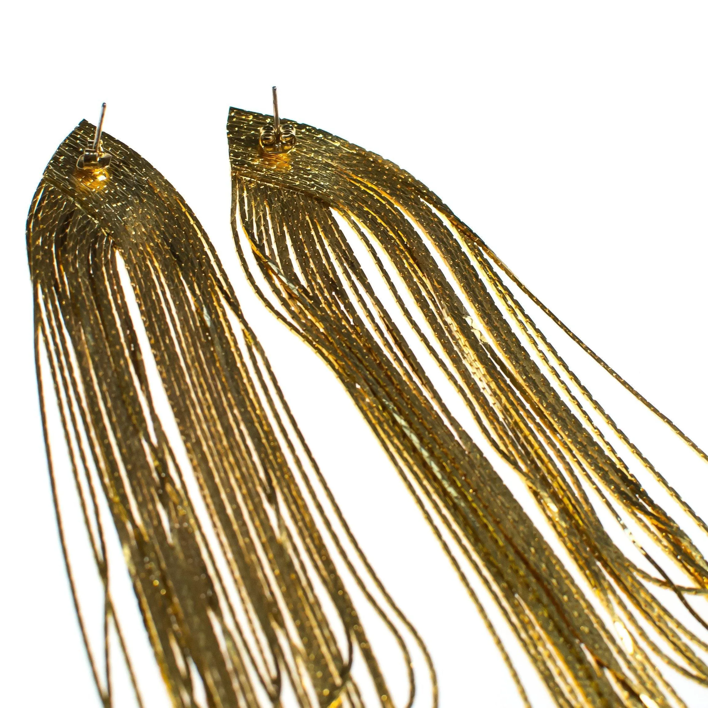 Vintage 1970s Gold Tone Waterfall Tassel Chandelier Dangle Statement Earrings, Posts
