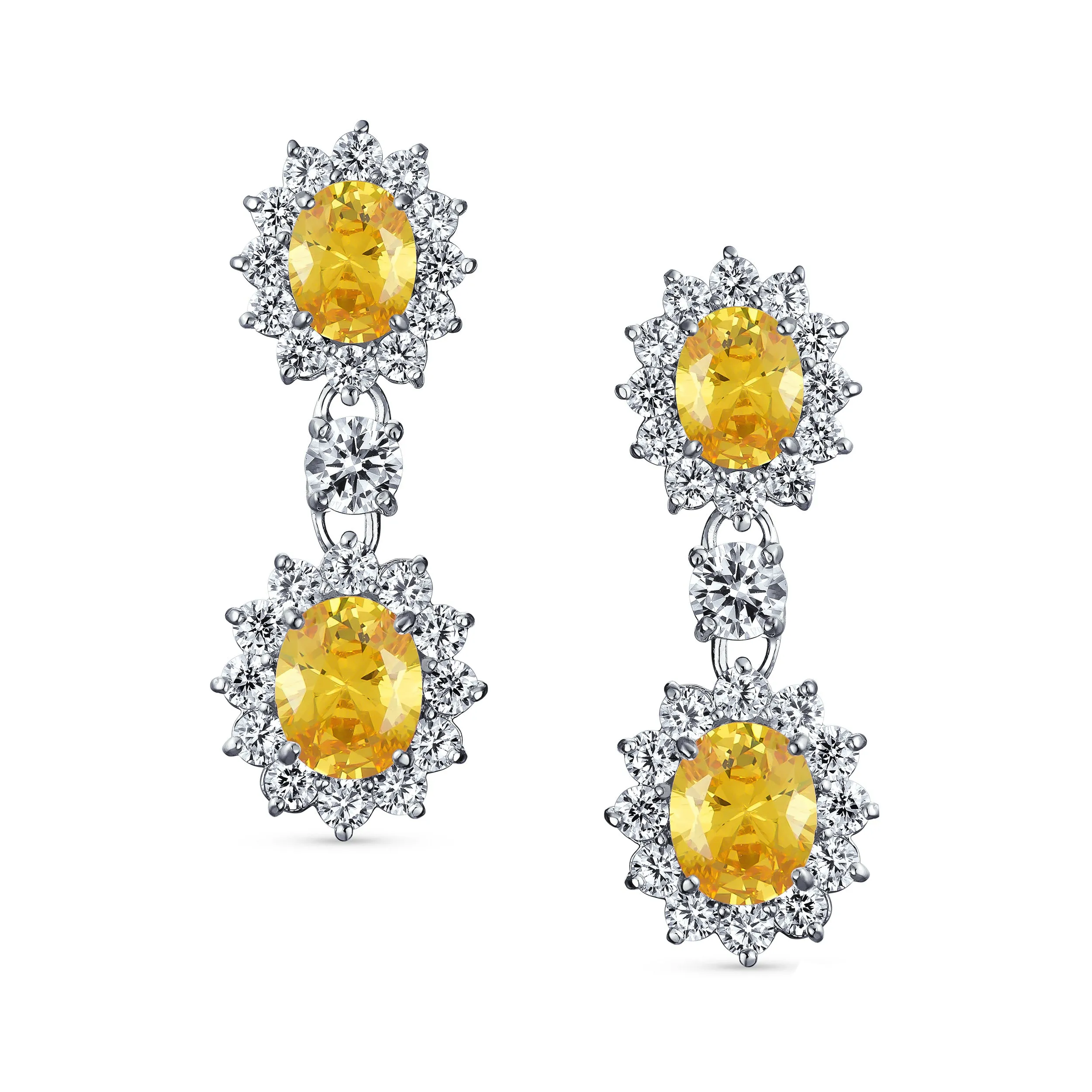 Vintage Bridal Gemstone Pave Crown Halo CZ Chandelier Clip-On Earrings Non-Pierced