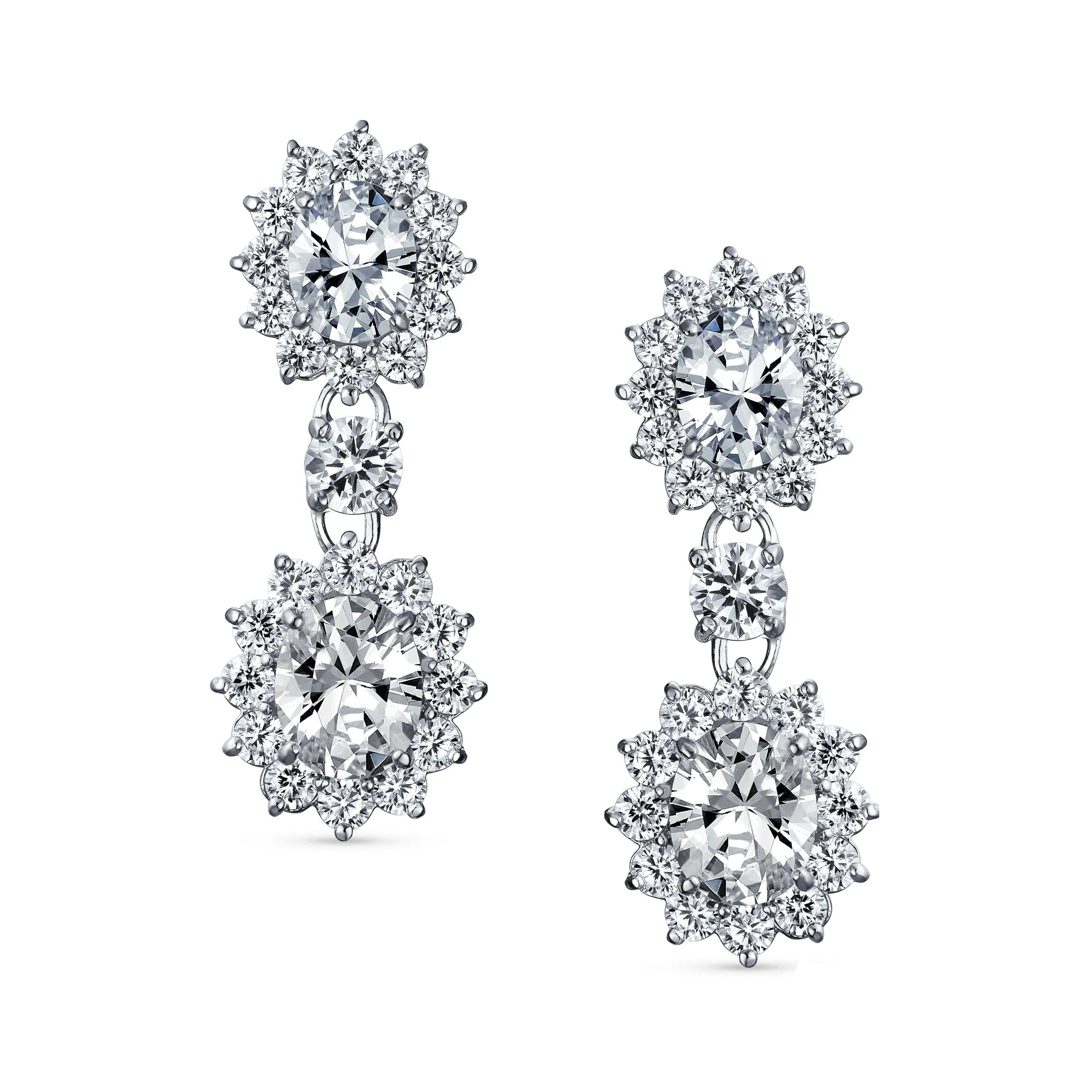 Vintage Bridal Gemstone Pave Crown Halo CZ Chandelier Clip-On Earrings Non-Pierced