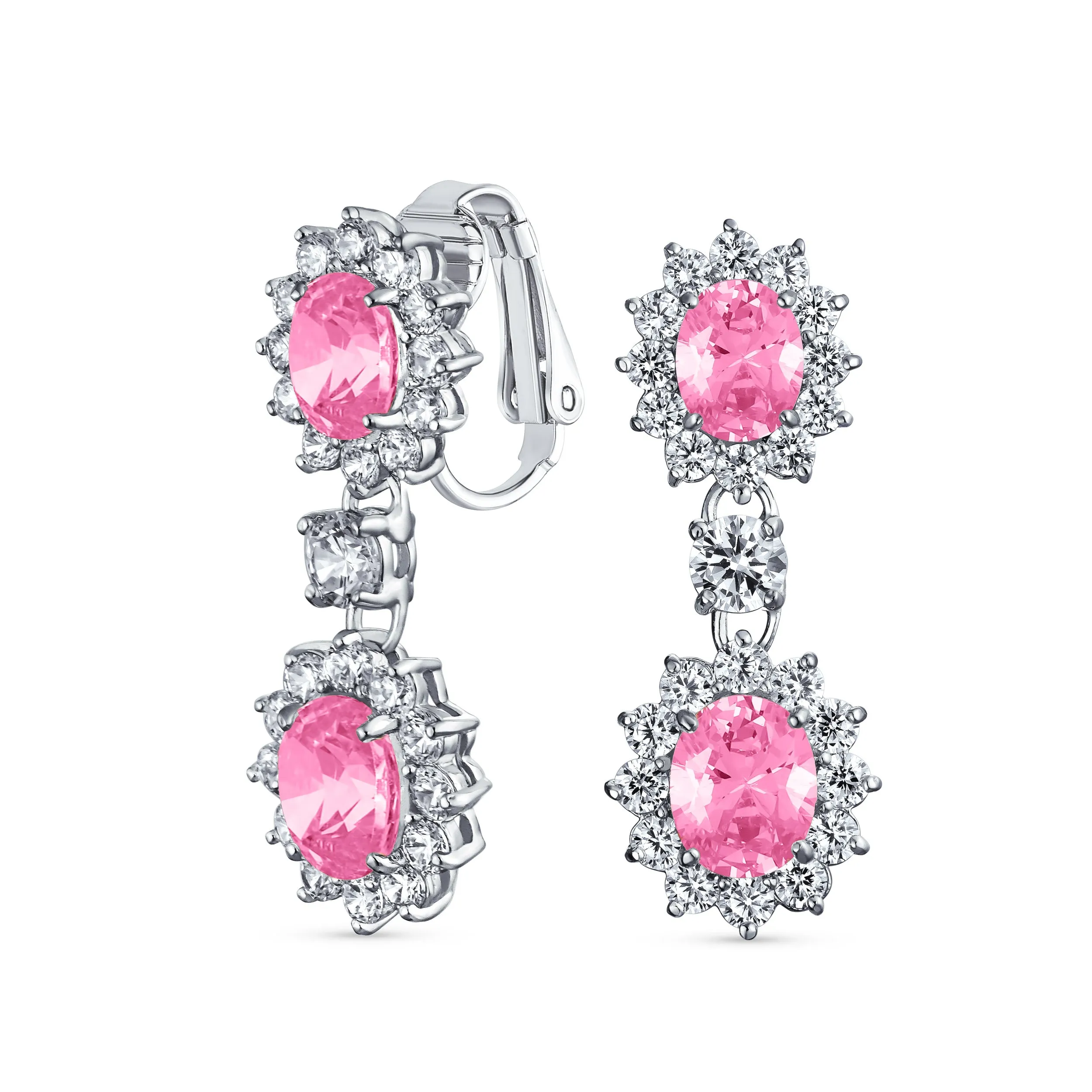 Vintage Bridal Gemstone Pave Crown Halo CZ Chandelier Clip-On Earrings Non-Pierced