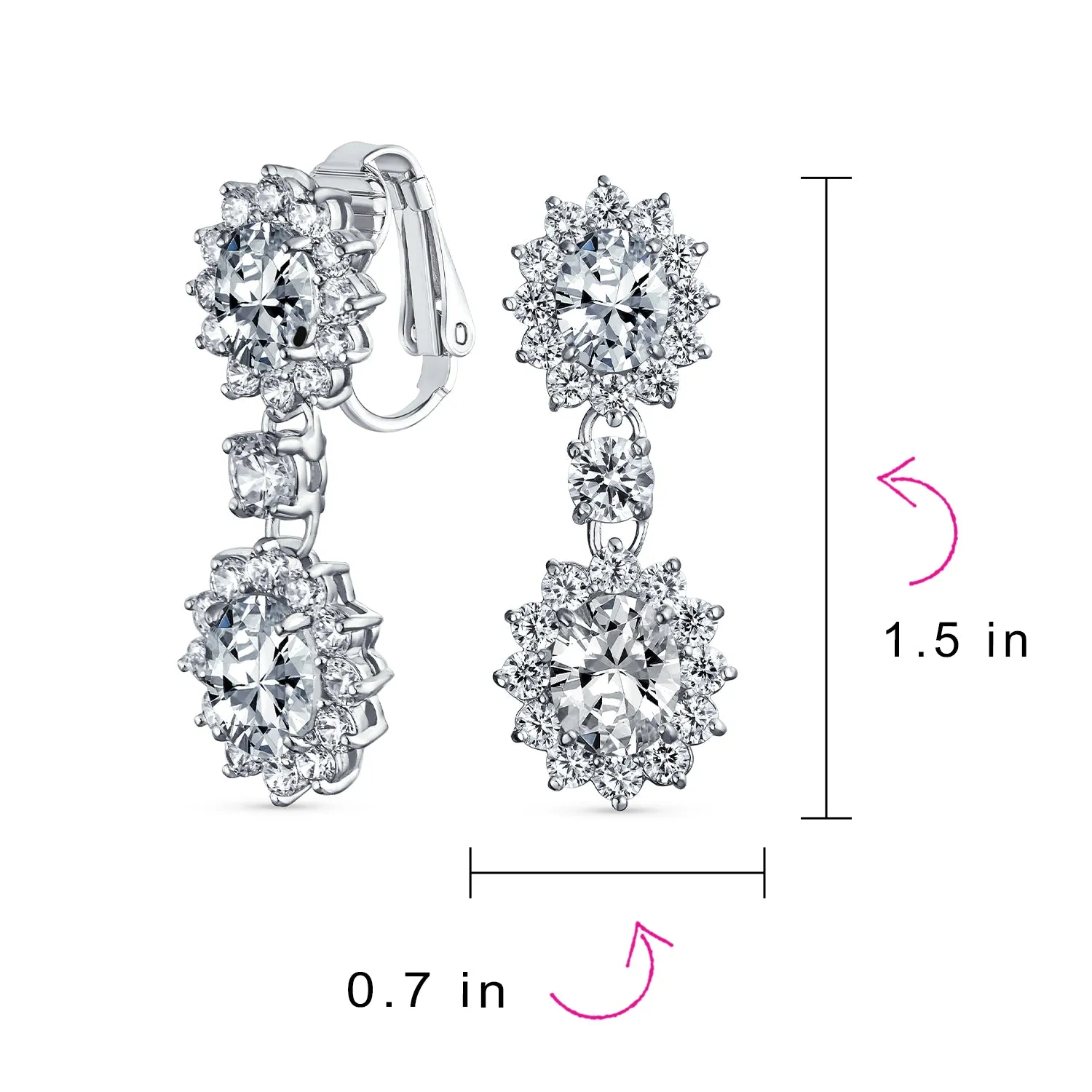Vintage Bridal Gemstone Pave Crown Halo CZ Chandelier Clip-On Earrings Non-Pierced