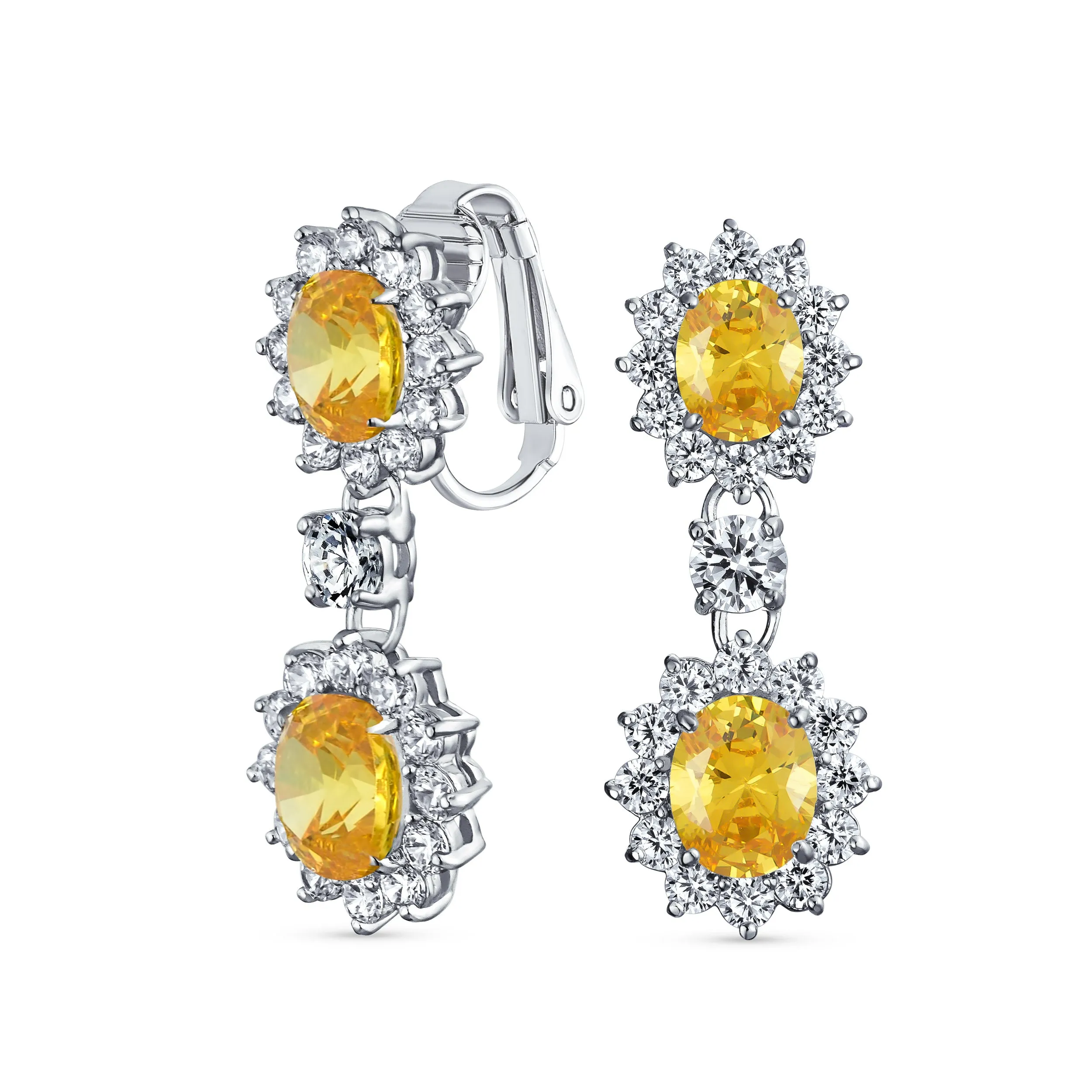 Vintage Bridal Gemstone Pave Crown Halo CZ Chandelier Clip-On Earrings Non-Pierced
