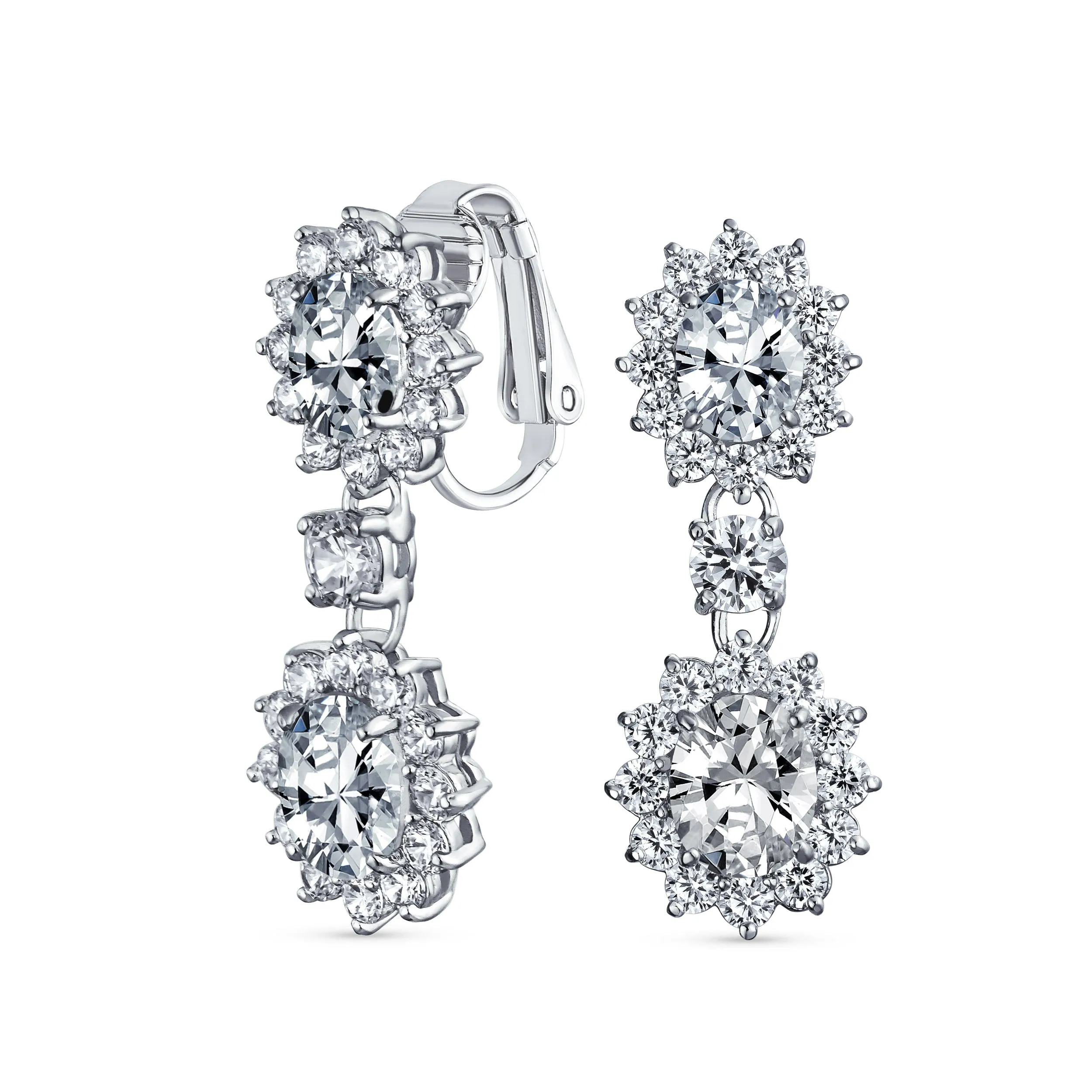 Vintage Bridal Gemstone Pave Crown Halo CZ Chandelier Clip-On Earrings Non-Pierced