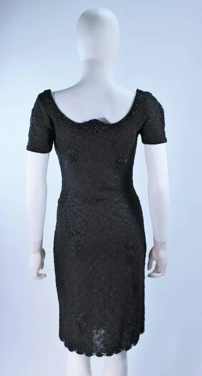 VINTAGE Circa 1960s Black Beaded Wool Knit Cocktail Dress