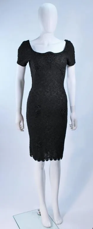 VINTAGE Circa 1960s Black Beaded Wool Knit Cocktail Dress