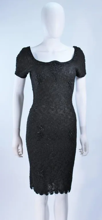 VINTAGE Circa 1960s Black Beaded Wool Knit Cocktail Dress