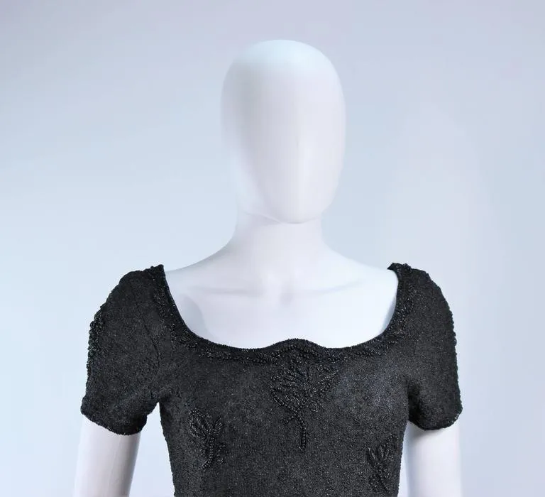 VINTAGE Circa 1960s Black Beaded Wool Knit Cocktail Dress