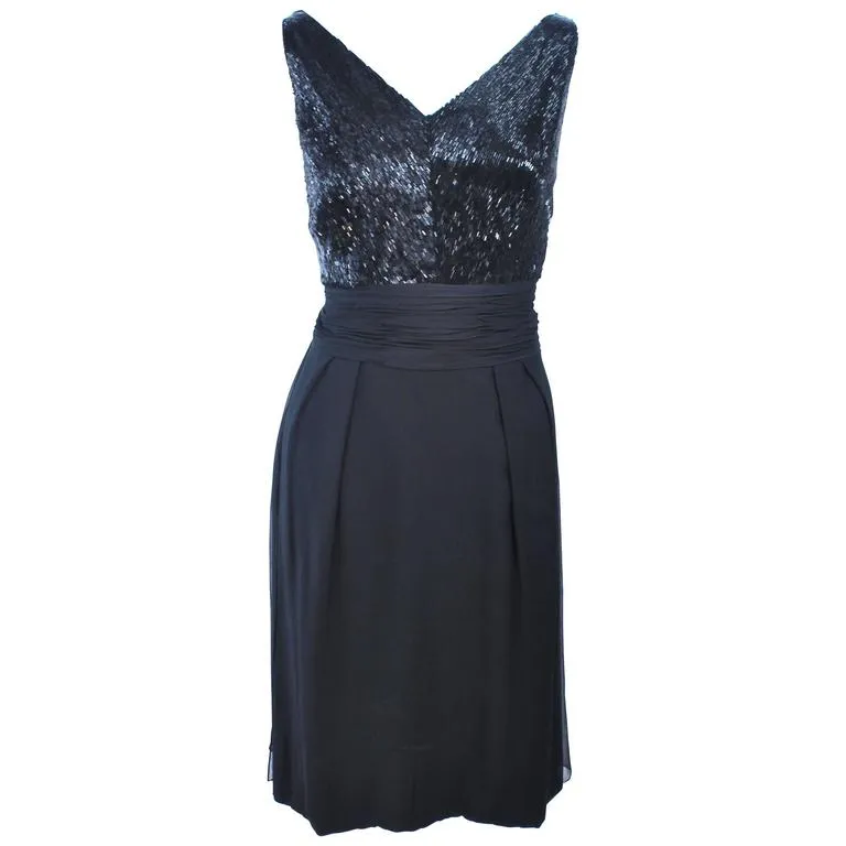 VINTAGE Circa 1960s Black Silk Chiffon Cocktail Dress Size 6