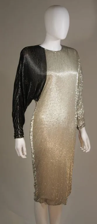 VINTAGE Circa 1980s Black and Silver Silk Cocktail Dress SIze 4-6