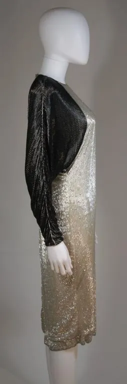 VINTAGE Circa 1980s Black and Silver Silk Cocktail Dress SIze 4-6